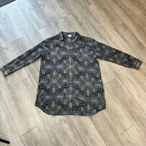 J.Jill Sheer Lightweight Tunic Blouse Blue Paisley Preppy Button Up Long Sleeve